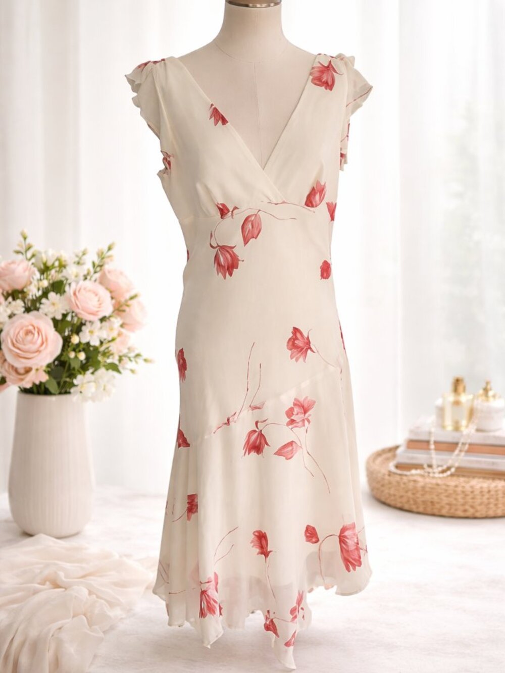 Studio Y Floral Midi Dress Cream Red V Neck Ruffle Sleeve Size 13